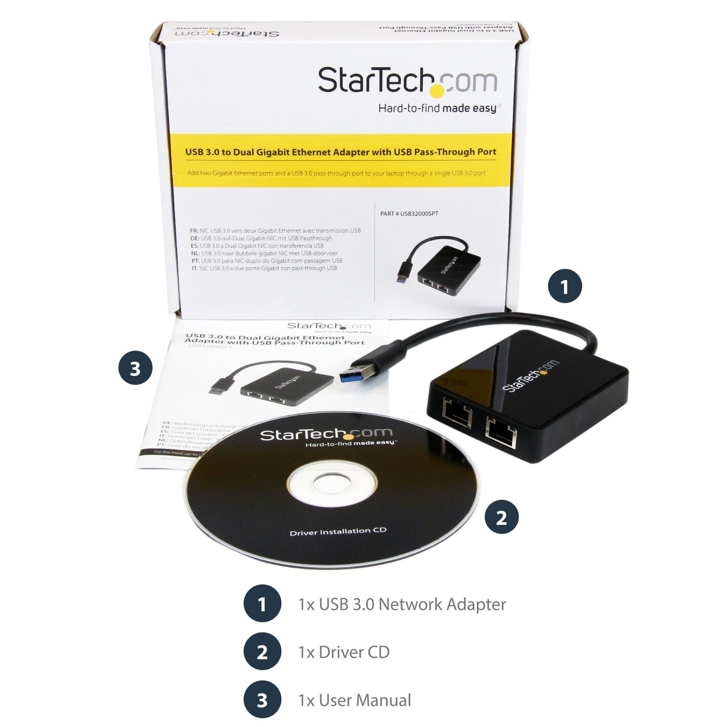 StarTech.com USB 3.0 to Dual Port Gigabit Ethernet Adapter w/ USB Port, 10/100/1000