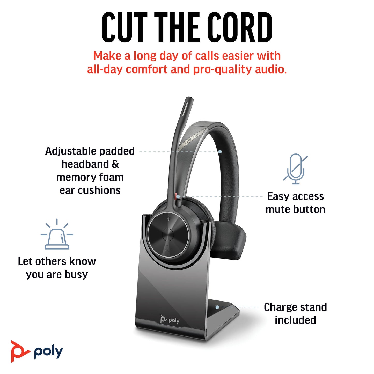 HP Poly Voyager 4310 UC Monaural Headset +BT700 USB-A Adapter +Charging Stand