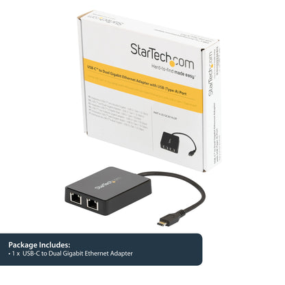 StarTech.com USB-C to Dual Gigabit Ethernet Adapter with USB 3.0 (Type-A) Port, USB