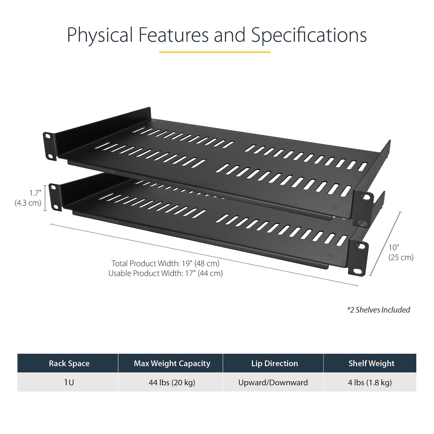 StarTech.com 2-Pack 1U Server Rack Shelf, Vented Rackmount Cantilever Tray for 19"
