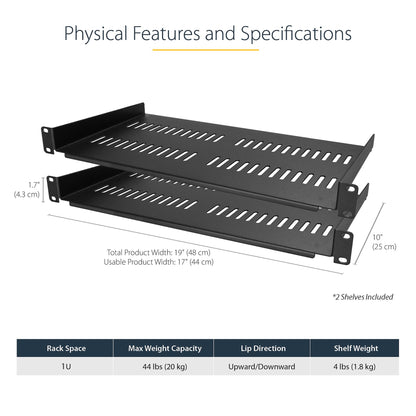 StarTech.com 2-Pack 1U Server Rack Shelf, Vented Rackmount Cantilever Tray for 19"