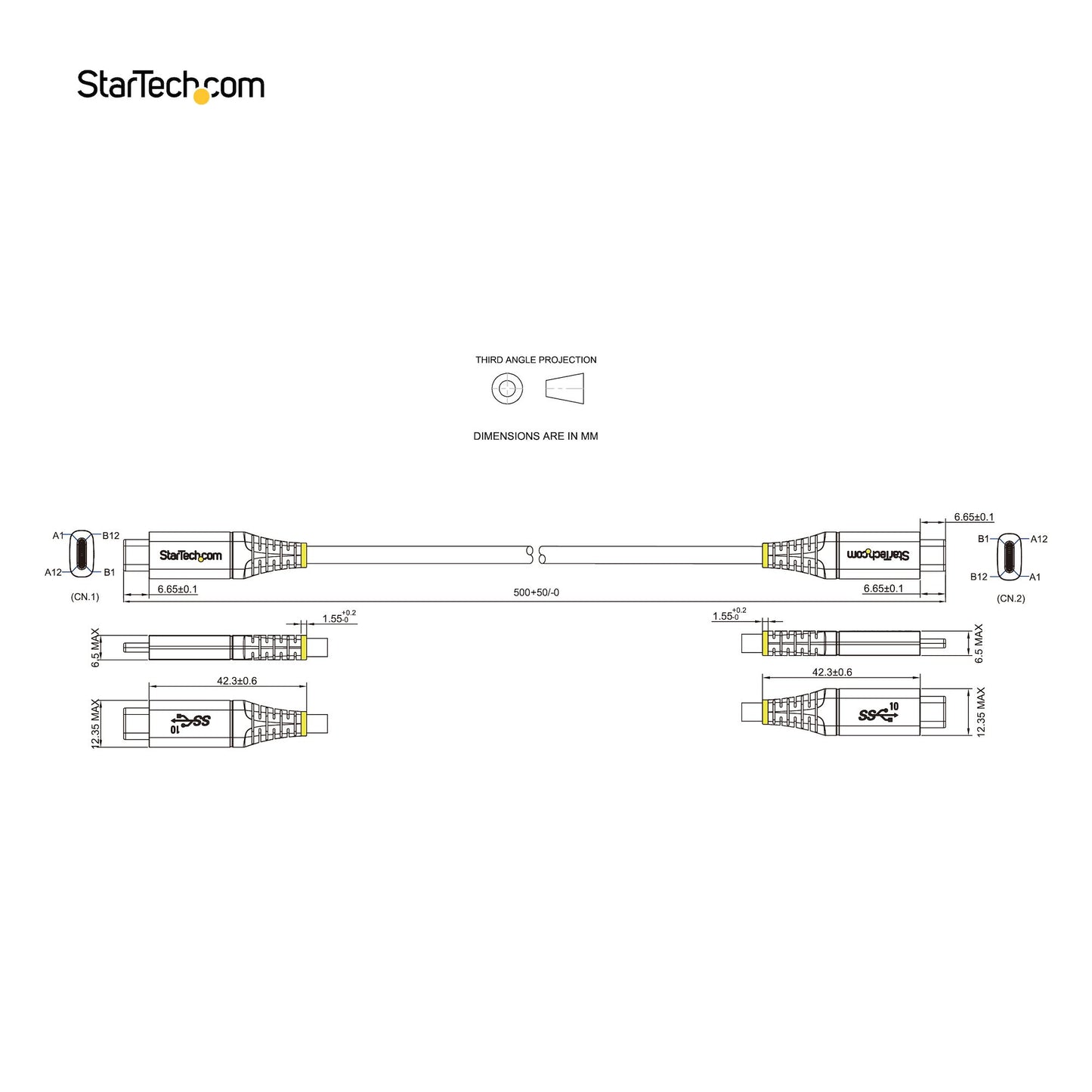 StarTech.com 1.6ft (50cm) USB-C Cable, USB 10Gbps, 100W (5A) Power Delivery, 8K 60Hz