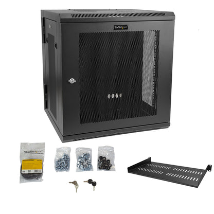 StarTech.com 4-Post 12U Wall Mount Network Cabinet with 1U Shelf, 19" Hinged Rack