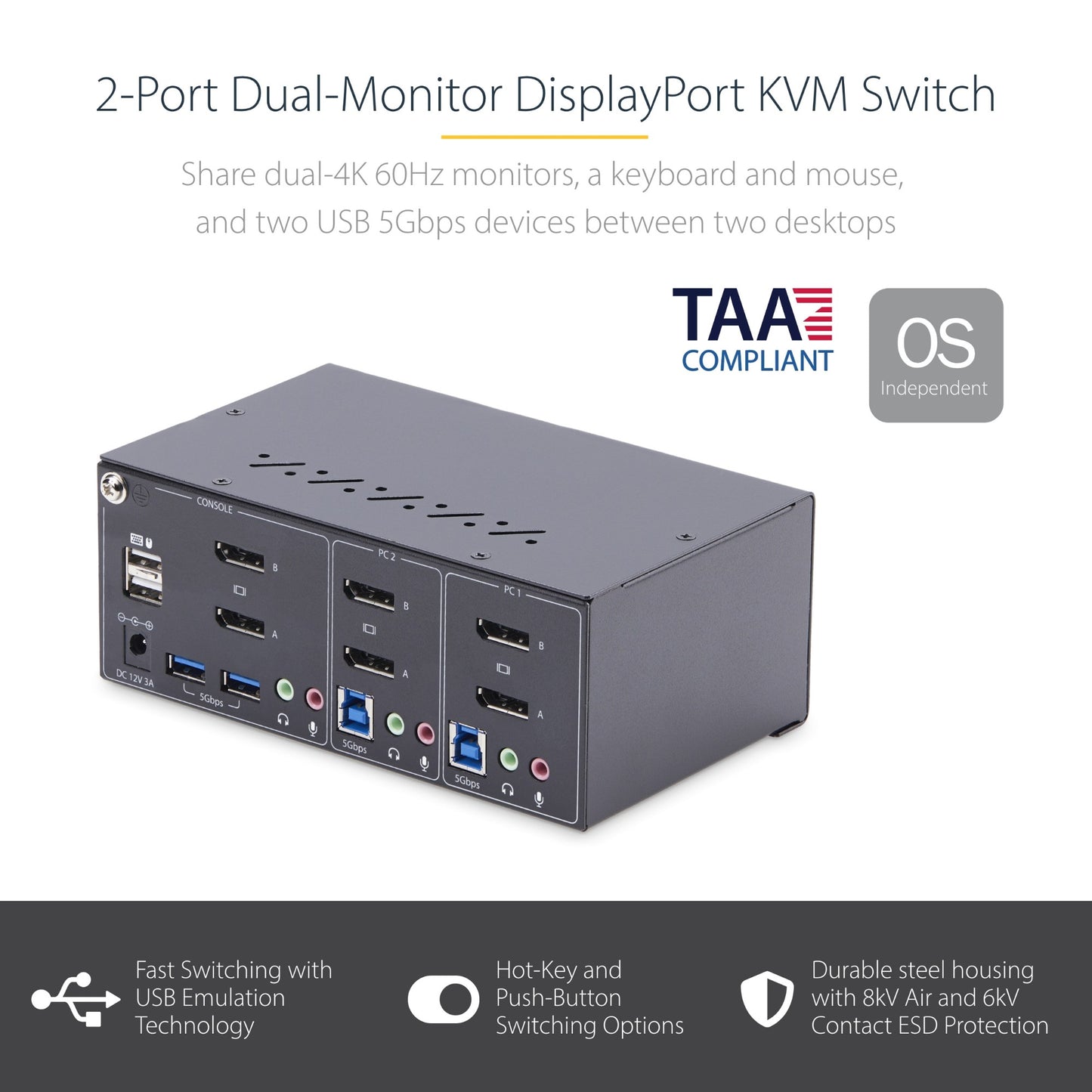 StarTech.com 2-Port Dual-Monitor DisplayPort KVM Switch, 4K 60Hz, 2x USB 5Gbps Hub