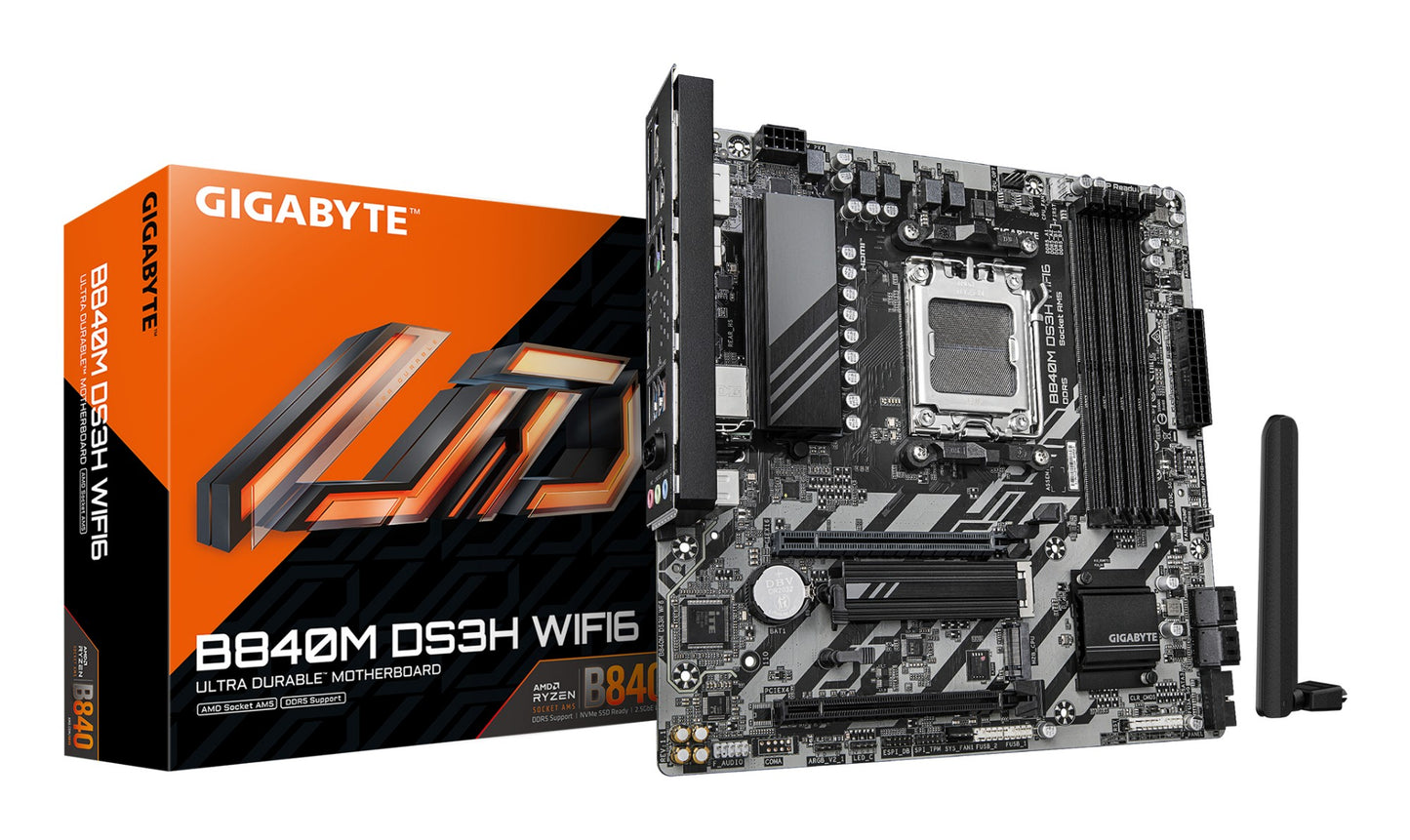 Gigabyte B840M DS3H WIFI6 Motherboard - AMD Ryzen 9000 CPUs, 8+2+2 Phases VRM, up to