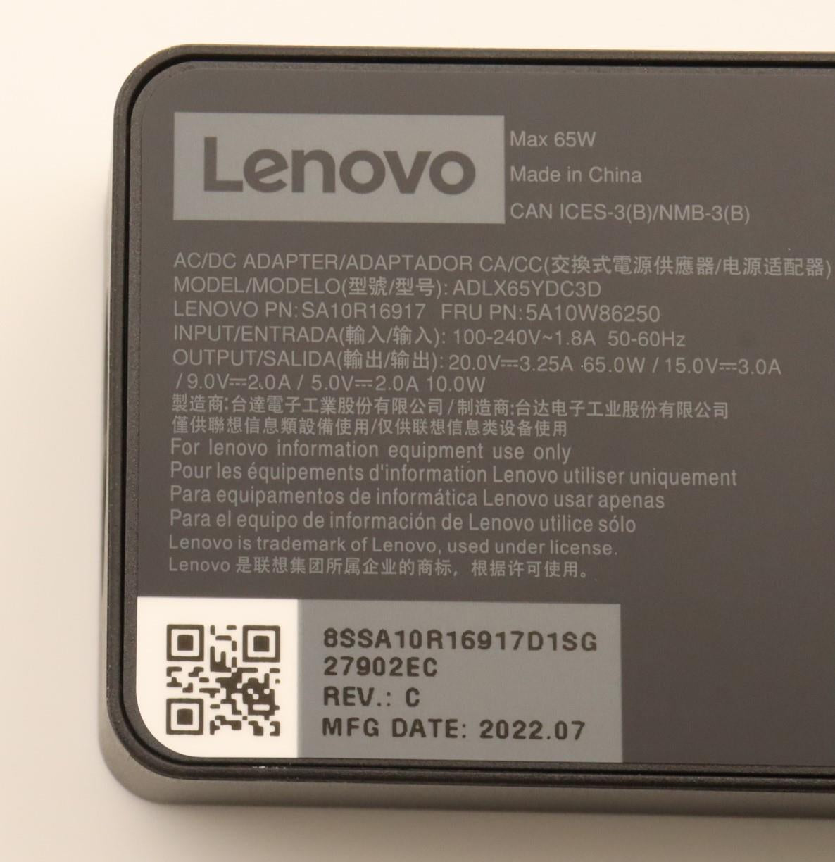 Lenovo 5A10W86250 power adapter/inverter Indoor 65 W Black Charger