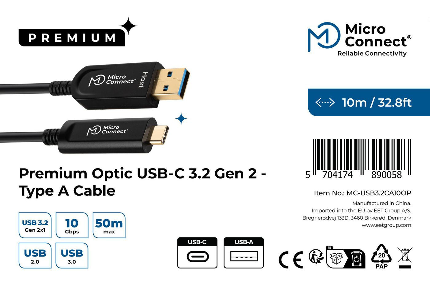 Microconnect MC-USB3.2CA10OP USB cable USB 3.2 Gen 2 (3.1 Gen 2) 10 m USB A USB C