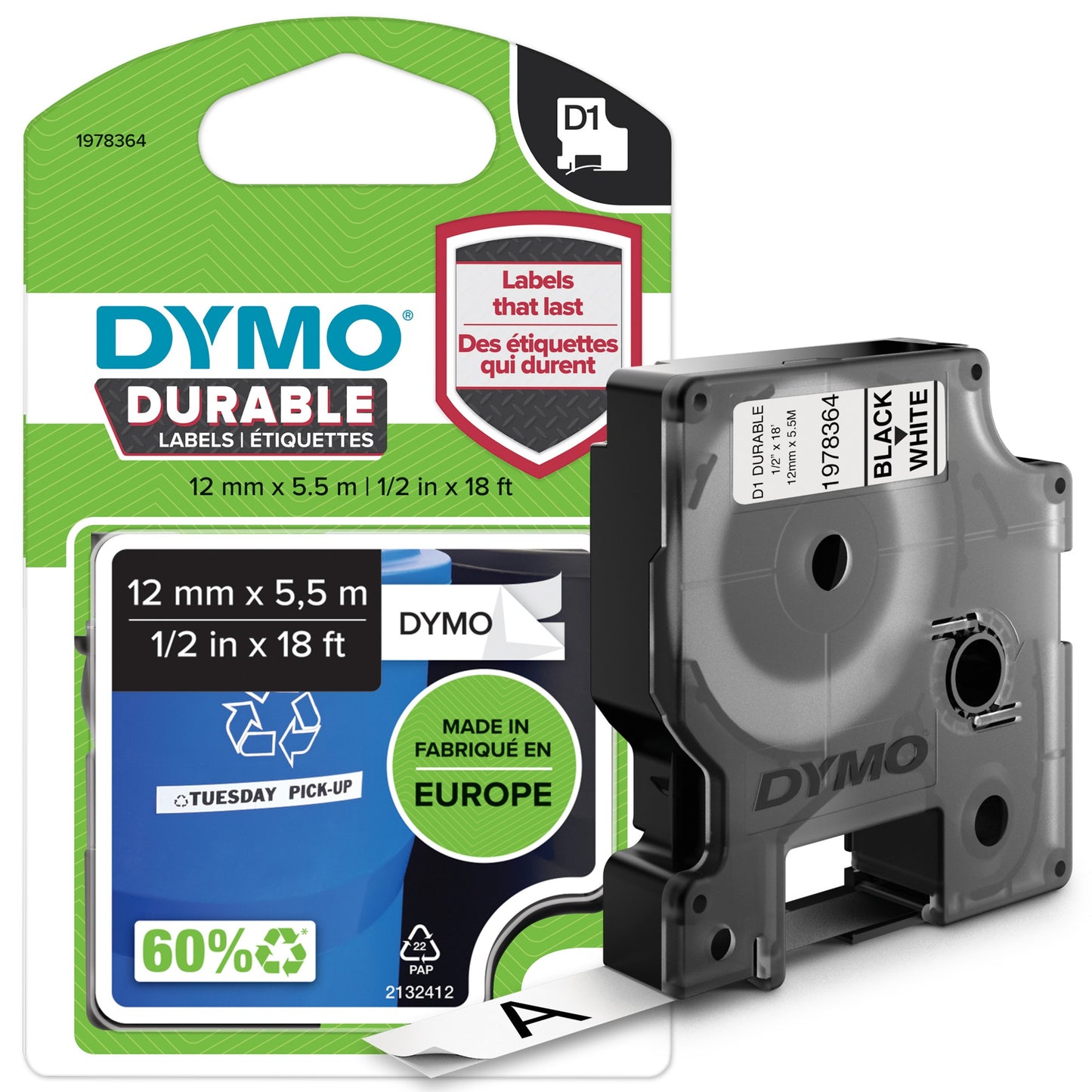 DYMO 1978364 DirectLabel-etikettes black on white Vinyl 12mm x 5,5mm for Dymo D1 Labels