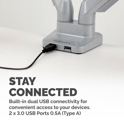 Fellowes Platinum Series Dual Monitor Arm - Monitor Mount for Two 8KG 40 Inch (Silver)