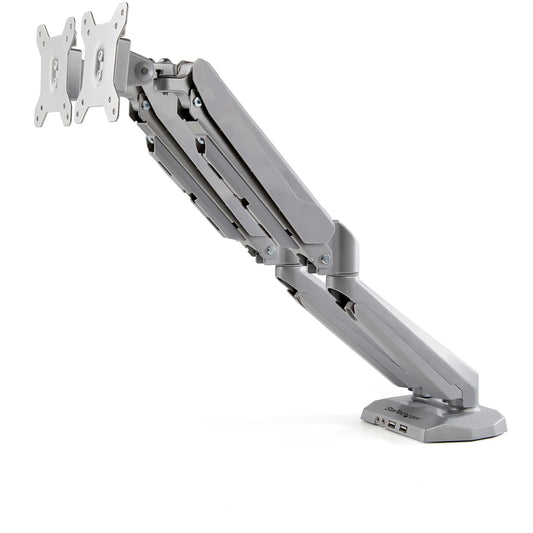 StarTech.com Desk Mount Dual Monitor Arm with USB & Audio, Desk Clamp VESA Mount for (Silver)