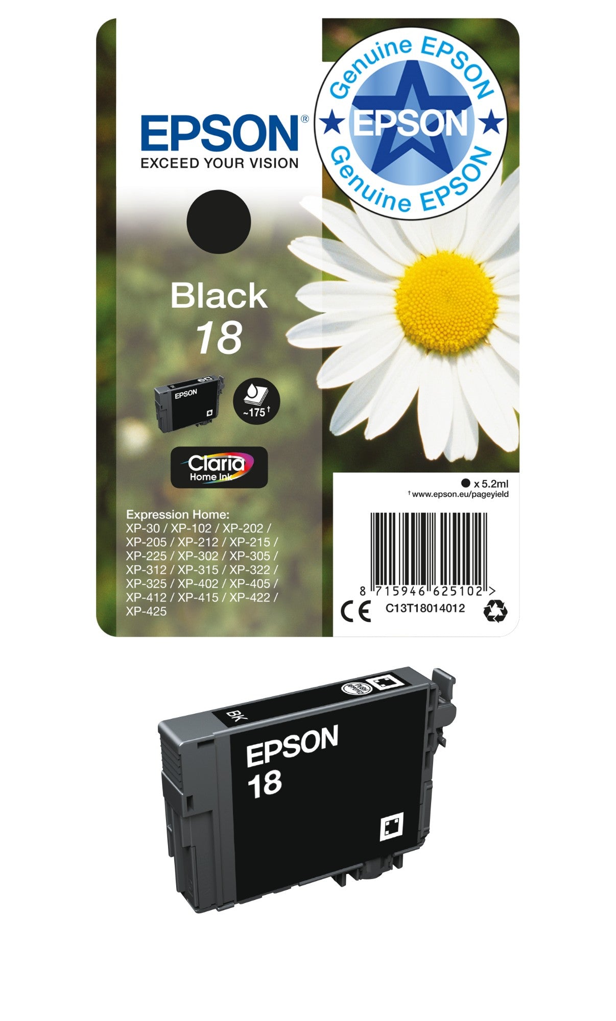 Epson C13T18014012/18 Black Ink Cartridge (175 pages, Epson XP 30)