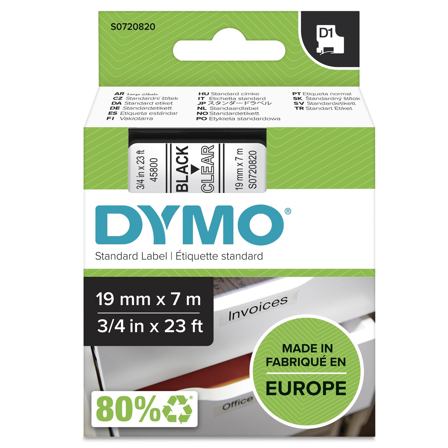 DYMO 45800/S0720820 DirectLabel-etikettes black on Transparent 19mm x 7m for Dymo D1 Labels