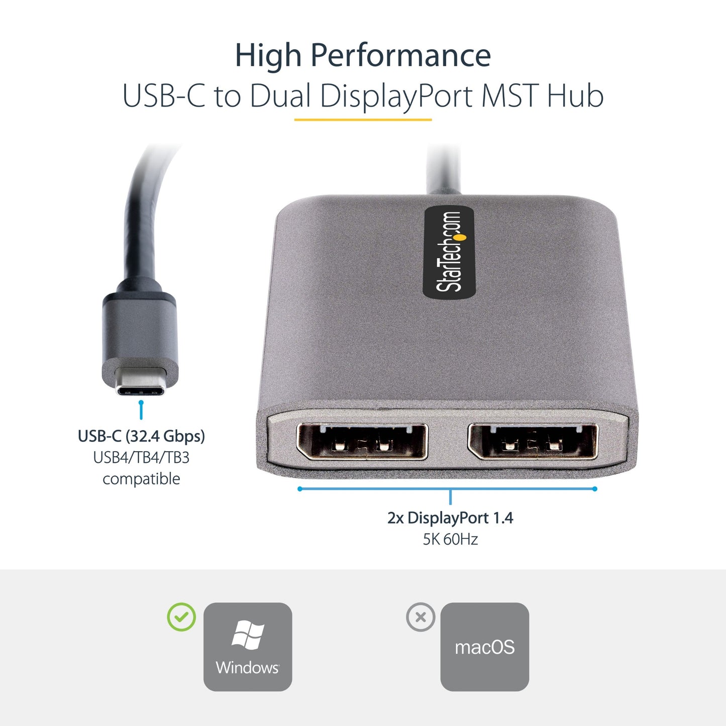 StarTech.com USB-C to Dual Displayport 1.4 Adapter, USB Type-C Multi-Monitor MST Hub
