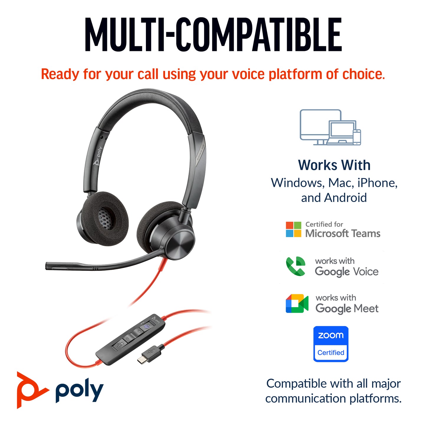 HP Poly Blackwire 3320 Stereo Microsoft Teams Certified USB-C Headset +USB-C/A