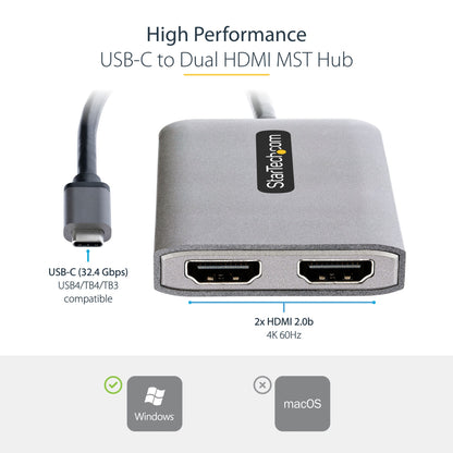 StarTech.com USB-C to Dual HDMI Adapter, USB Type-C Multi-Monitor MST Hub, Dual 4K