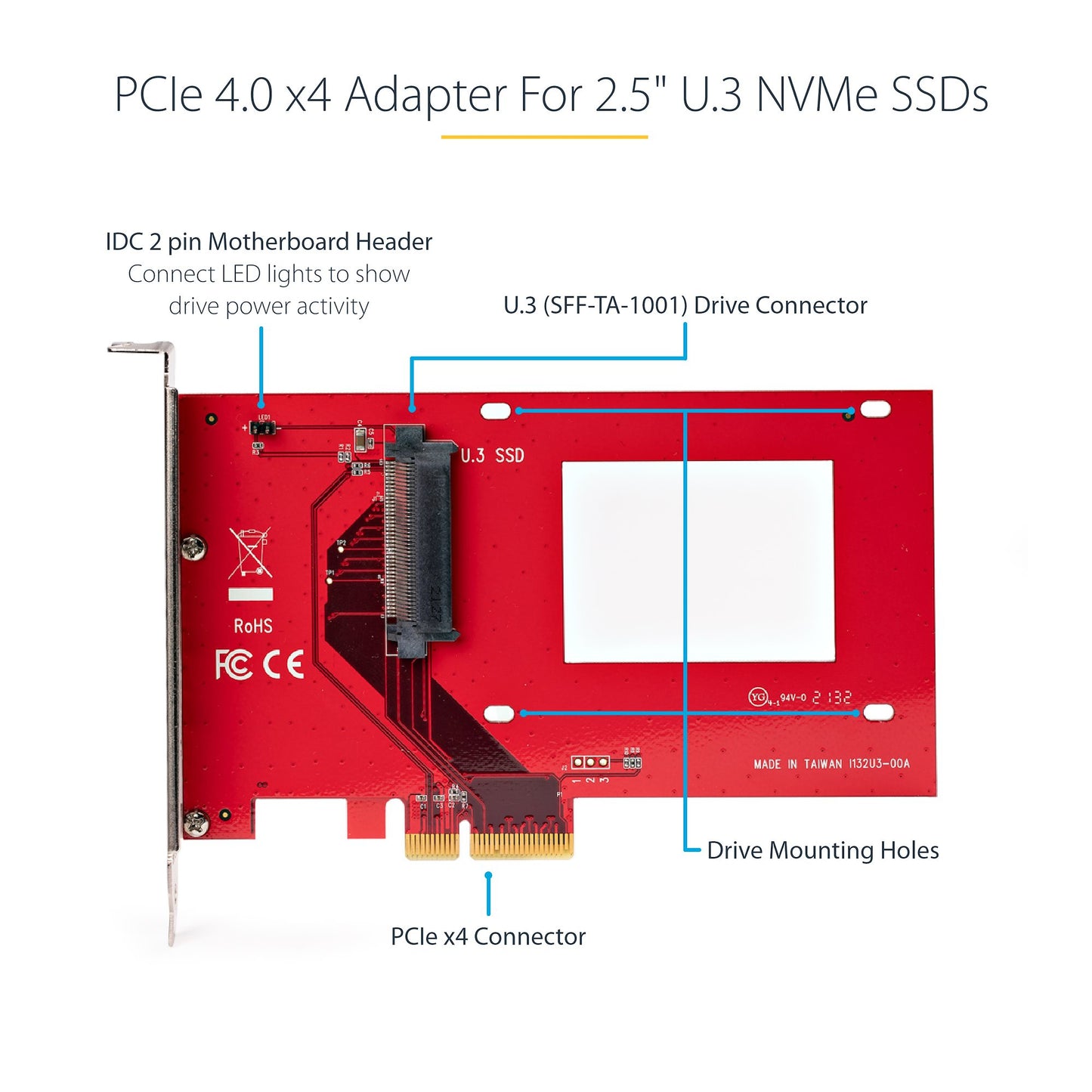 StarTech.com U.3 to PCIe Adapter Card, PCIe 4.0 x4 Adapter For 2.5" U.3 NVMe SSDs Hub