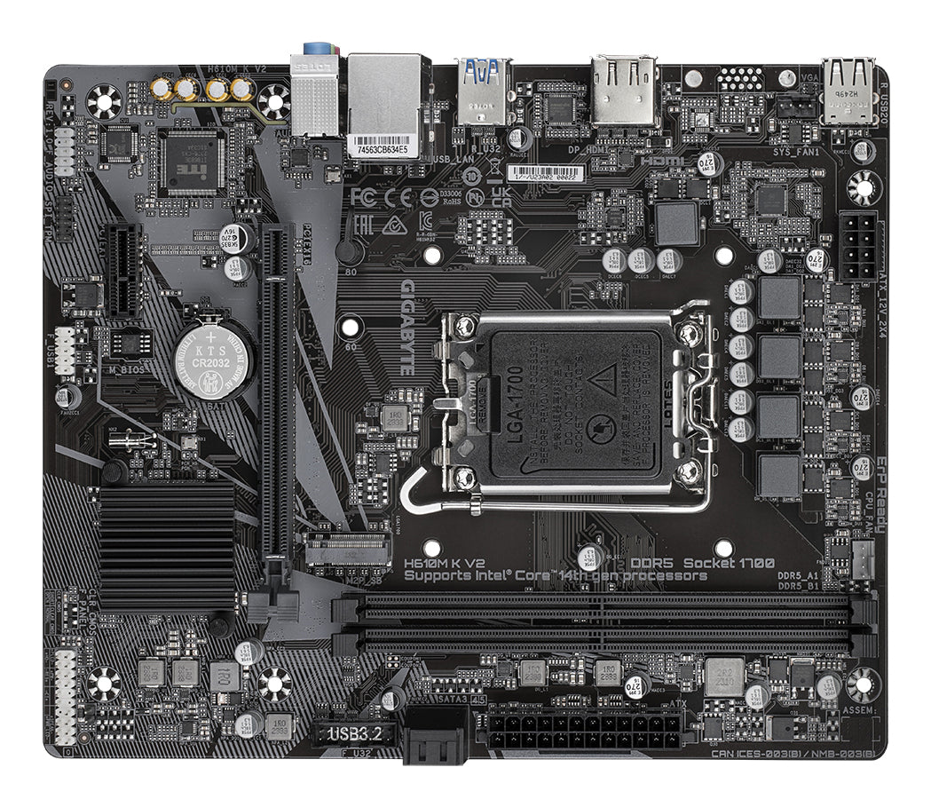 Gigabyte H610M K V2 Motherboard - Intel Core 14th CPUs, up to 5600MHz DDR5, 1xPCIe