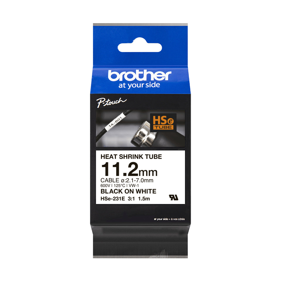 Brother HSE-231E Heat Shrink Tubes black on white 11,2mm x 1,5m for Brother P-Touch Labels