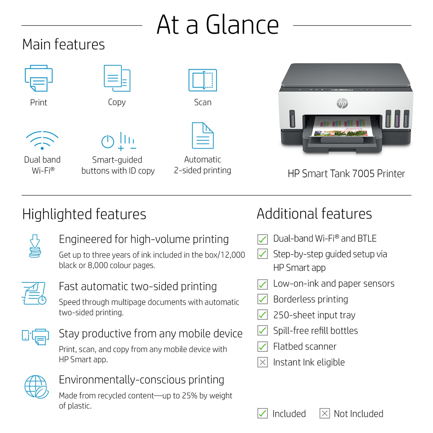 HP Smart Tank 7005 Wireless All-in-One Color Printer, Two-sided printing; Copier