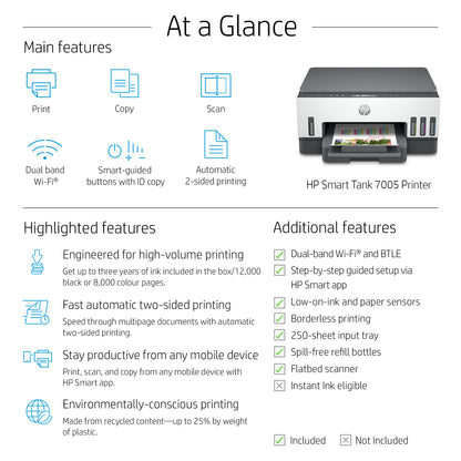 HP Smart Tank 7005 Wireless All-in-One Color Printer, Two-sided printing; Copier