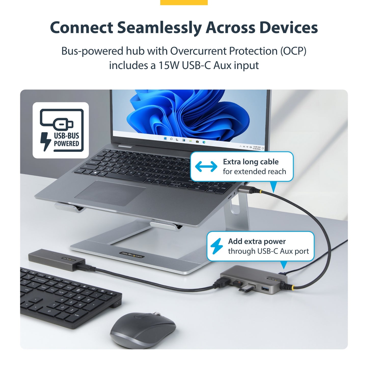 StarTech.com 4-Port USB-A Hub, 5Gbps, Bus Powered, USB-A to 4x USB-A Hub with USB-C