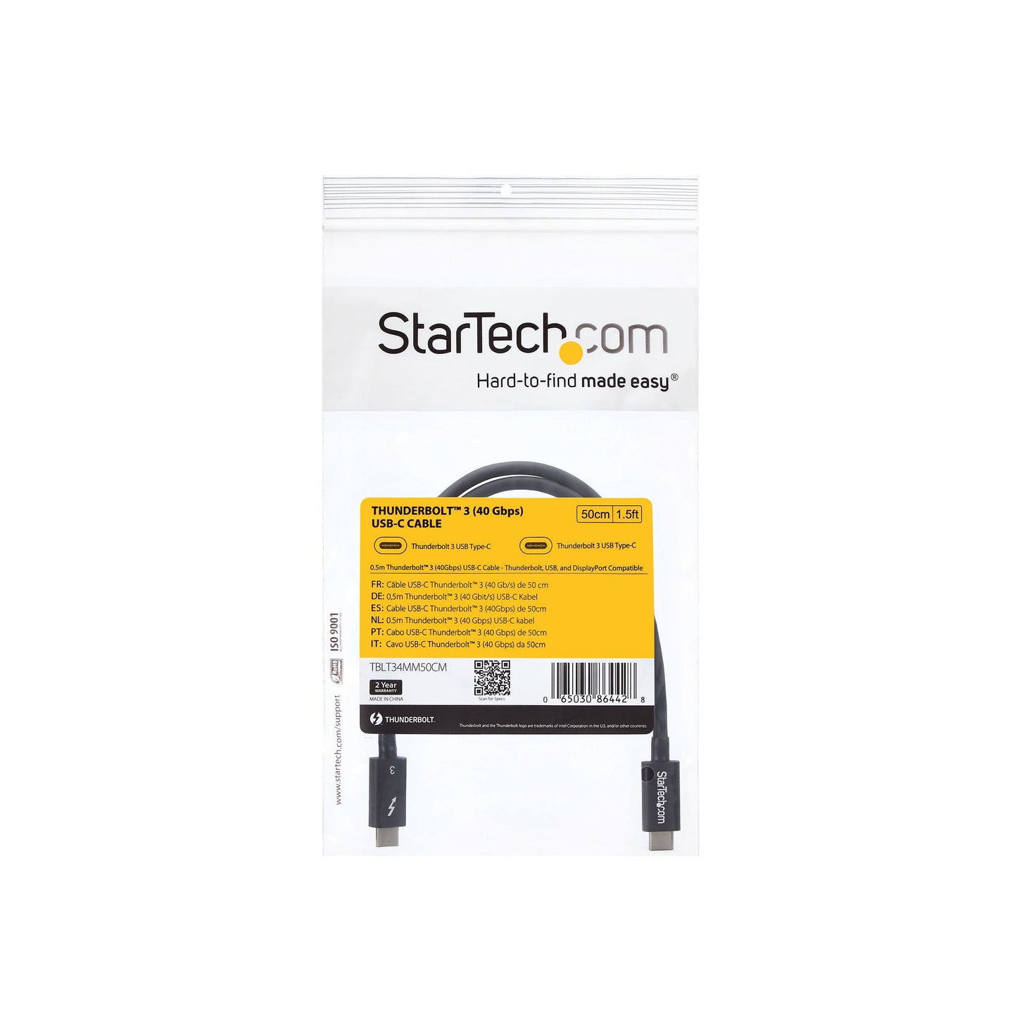 StarTech.com 50cm (1.6ft) Thunderbolt 3 Cable, 40Gbps, 100W PD, 4K/5K, Thunderbolt