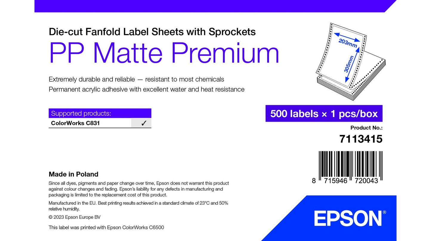 Epson PP Matte Label Premium, Die-cut Fanfold Sheets with Sprockets, 203mm x 305mm Labels