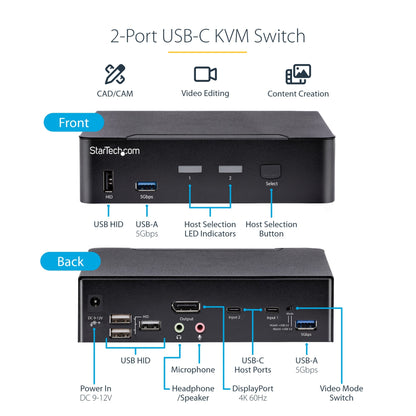 StarTech.com 2-Port USB-C KVM Switch, Single 4K 60Hz DisplayPort Monitor, 3.5mm