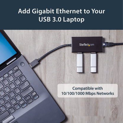 StarTech.com 3-Port Portable USB 3.0 Hub plus Gigabit Ethernet - 5Gbps - Aluminum Network Adapter