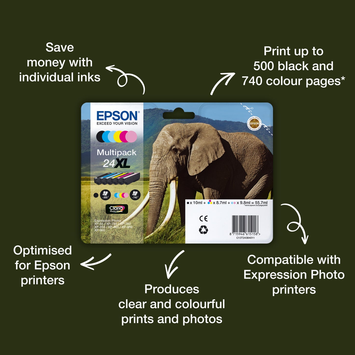 Epson C13T24214012/24 Black Ink Cartridge (360 pages, Epson XP 750)