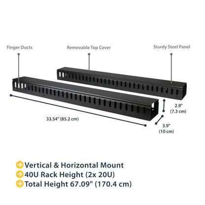 StarTech.com 2-Pack 20U Vertical Cable Organizer with Finger Ducts, Vertical Cable Rack