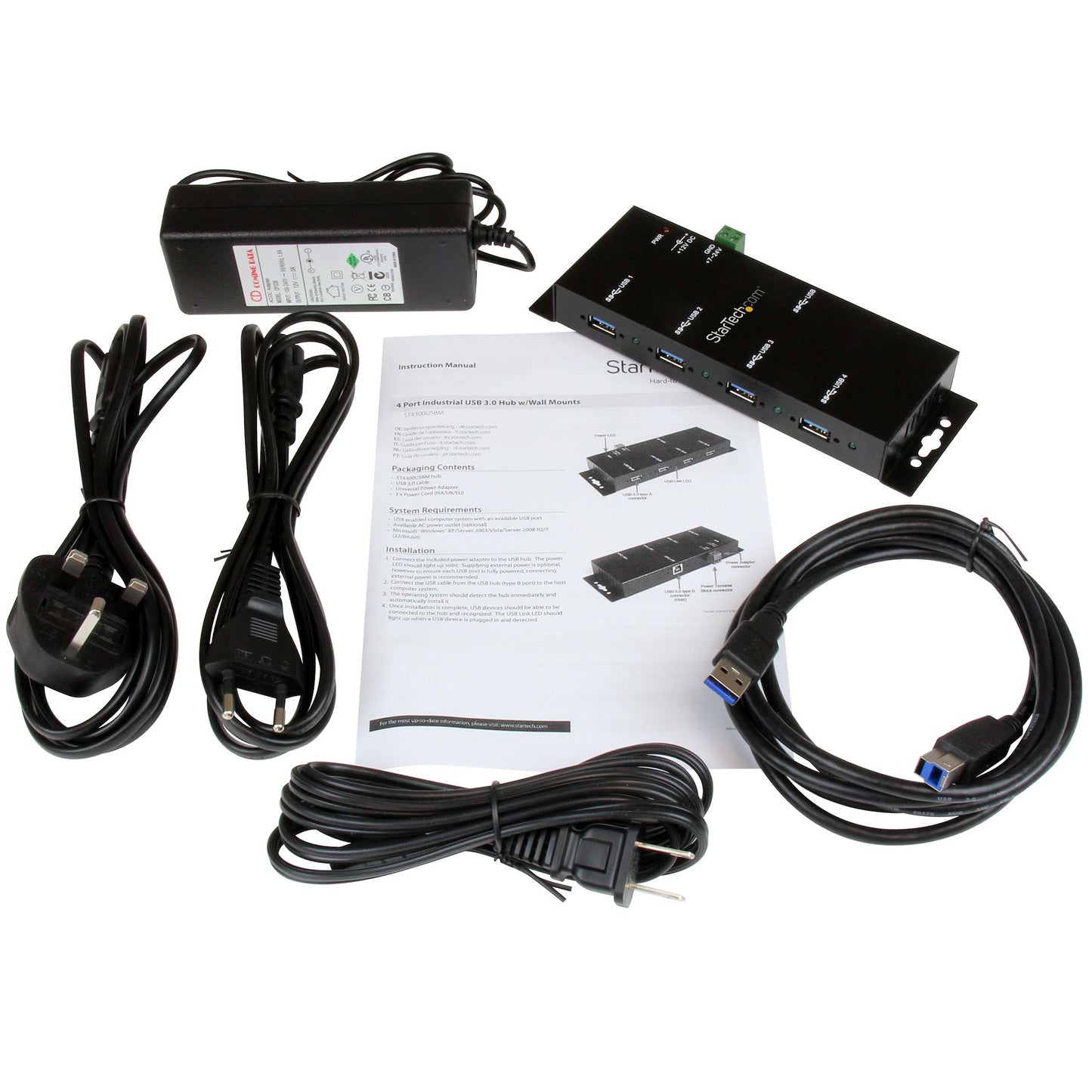 StarTech.com 4-Port USB 3.0 Hub - 5Gbps - Metal Industrial USB-A Hub - Wall or Desk
