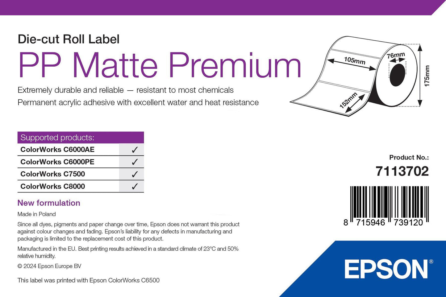 Epson PP Matte Label Premium, Die-cut Roll, 105mm x 152mm, 800 Labels