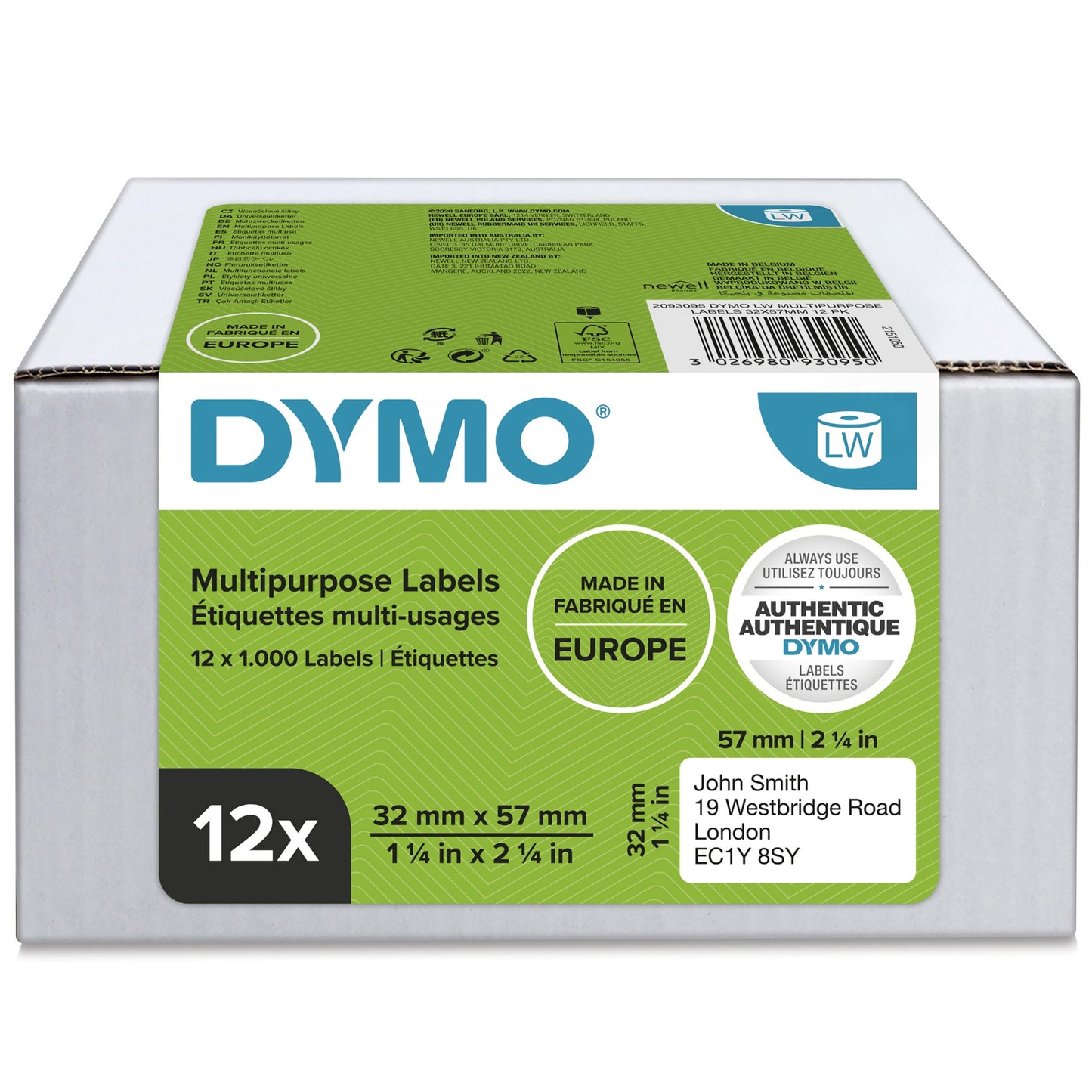 DYMO 2093095 DirectLabel-etikettes 57mm x32mm Pack=12 for Dymo LW 550 60mm/400 Labels