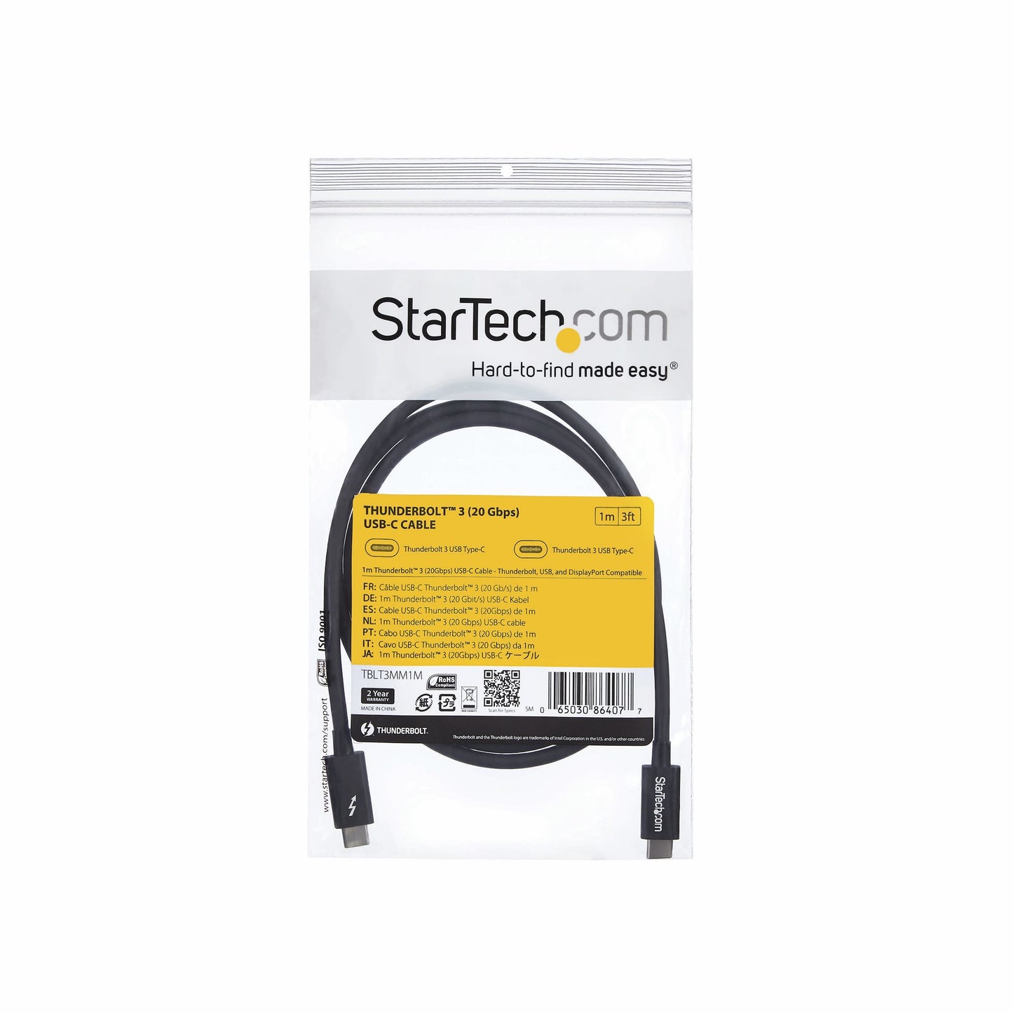 StarTech.com 3.3ft (1m) Thunderbolt 3 Cable, 20Gbps, 100W PD, 4K, Thunderbolt