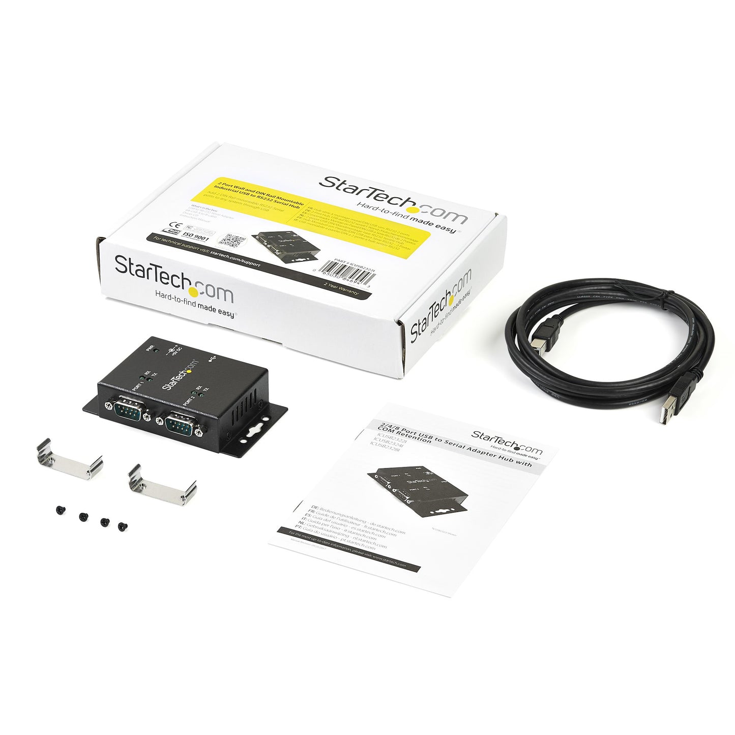 StarTech.com 2 Port Industrial Wall Mountable USB to Serial Adapter Hub with DIN