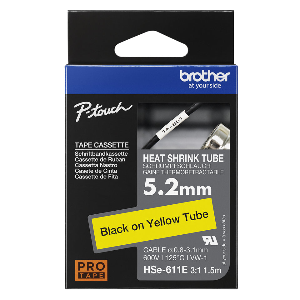 Brother HSE-611E Heat Shrink Tubes black on yellow 5,2mm x 1,5m for Brother P-Touch Labels