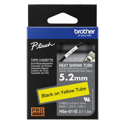Brother HSE-611E Heat Shrink Tubes black on yellow 5,2mm x 1,5m for Brother P-Touch Labels