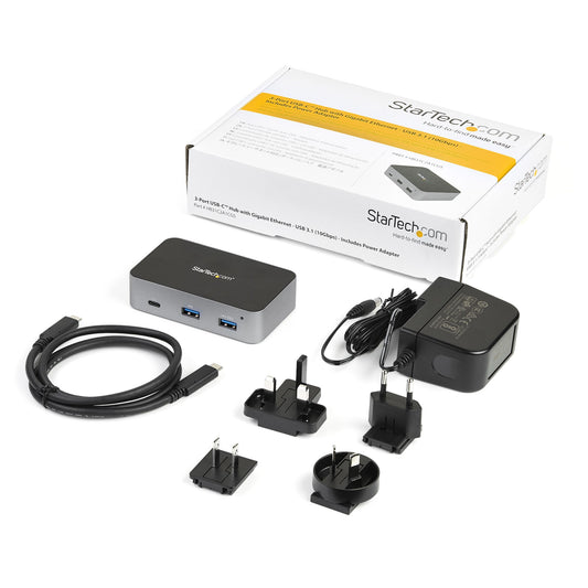 StarTech.com ~3 Port USB C 3.2 Gen 2 Hub with Ethernet Adapter - 10Gbps USB Type C