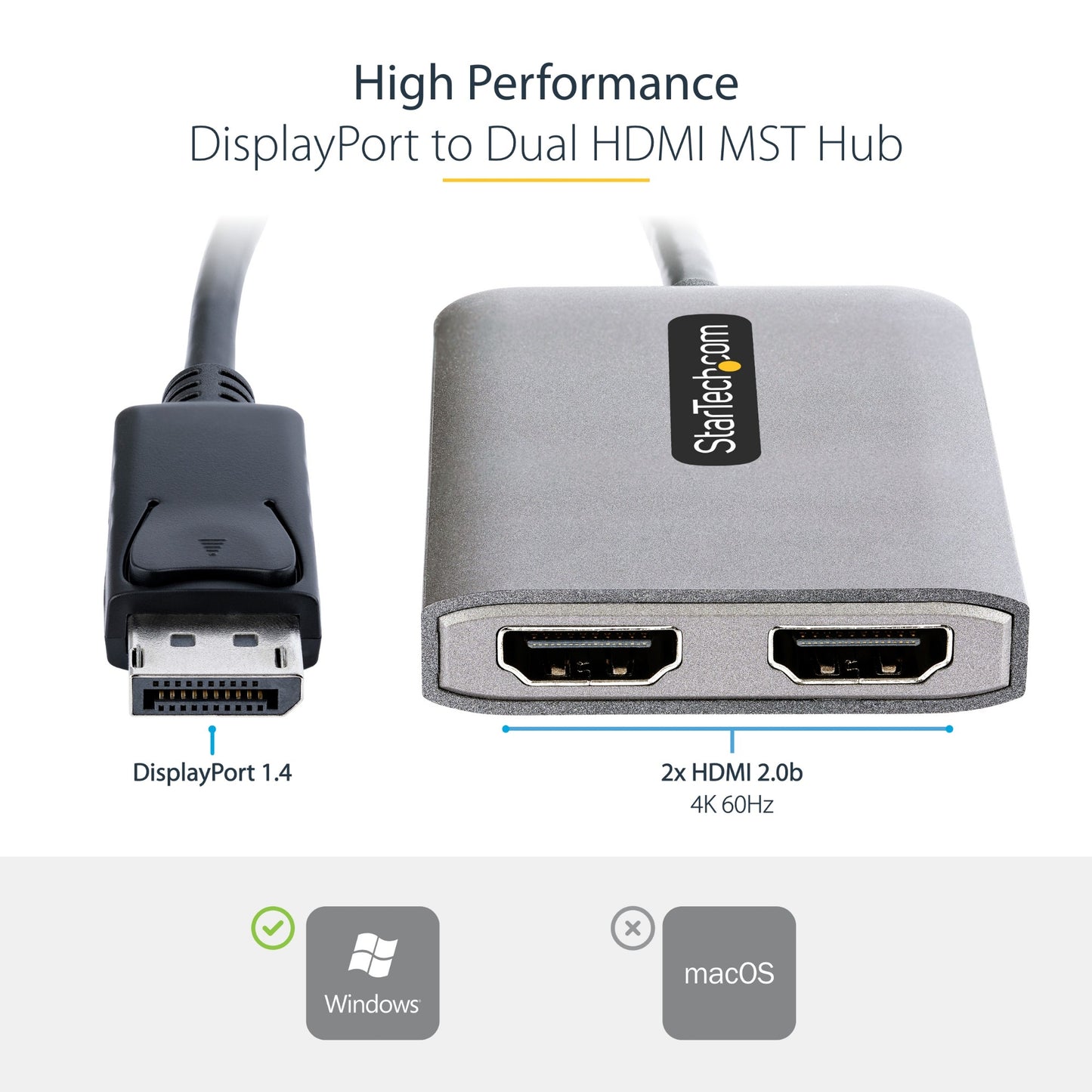 StarTech.com DP to Dual HDMI MST HUB - Dual HDMI 4K 60Hz - DisplayPort Multi Monitor Cable