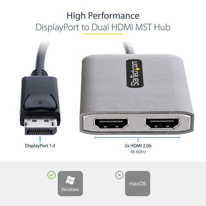 StarTech.com DP to Dual HDMI MST HUB - Dual HDMI 4K 60Hz - DisplayPort Multi Monitor Cable