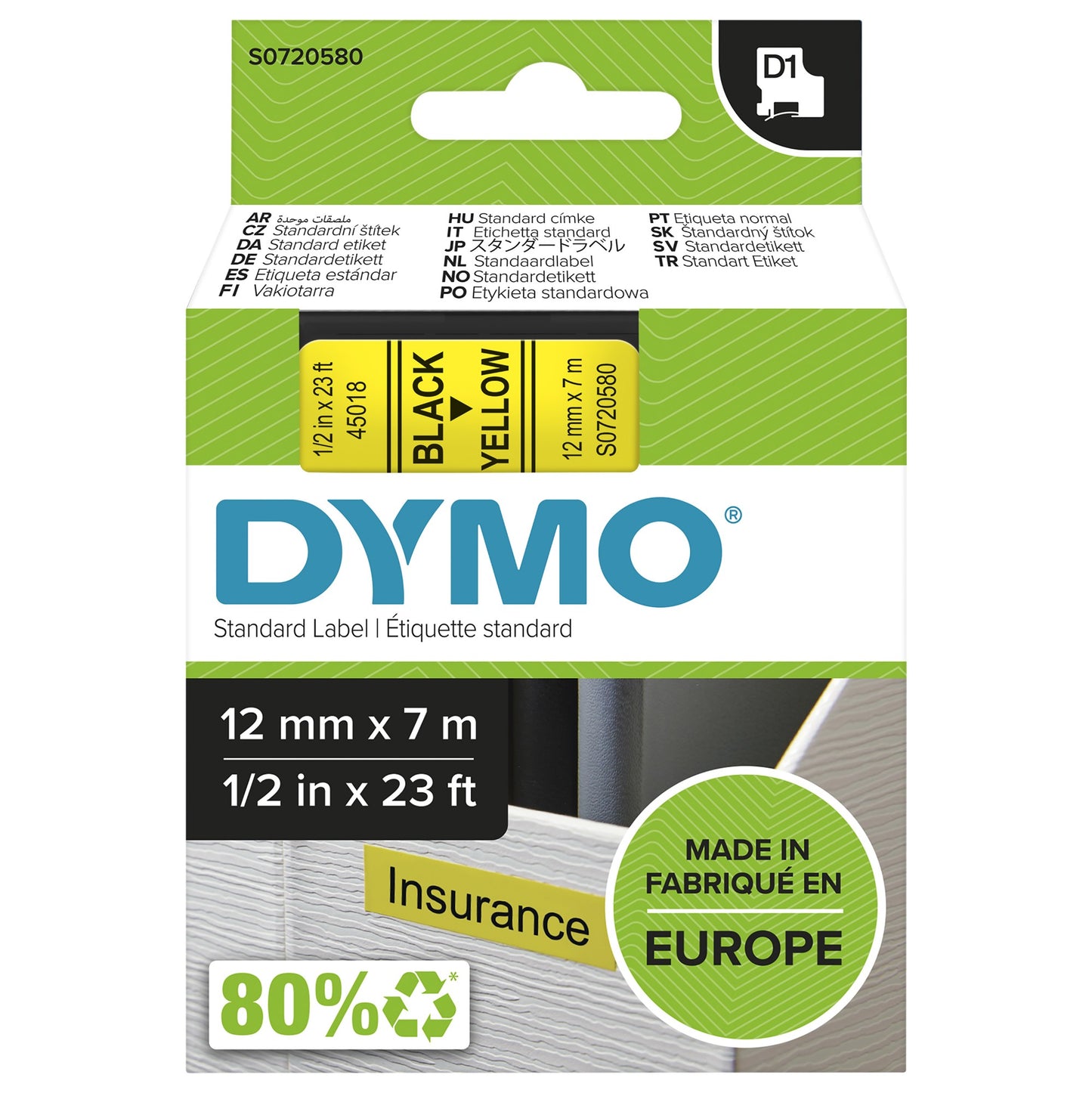 DYMO 45018/S0720580 DirectLabel-etikettes black on yellow 12mm x 7m for Dymo D1 Labels