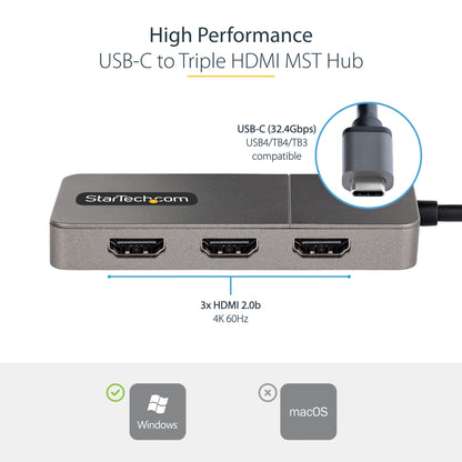StarTech.com 3-Port USB-C Multi-Monitor Adapter, USB Type-C to 3x HDMI MST Hub