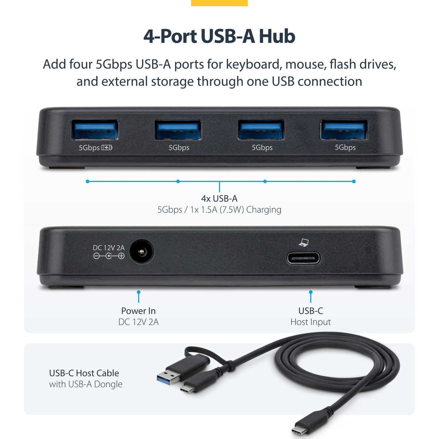 StarTech.com 4-Port USB-A Hub, 5Gbps, Self-Powered, 2-in-1 USB-C and USB-A Host