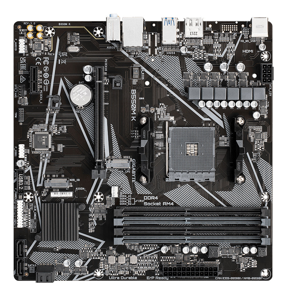 Gigabyte B550M K Motherboard - AMD Ryzen 5000 CPUs, up to 4733MHz DDR4, 1xPCIe 4.0 +