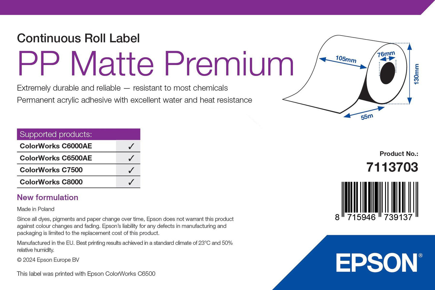 Epson PP Matte Label Premium, Continuous Roll, 105mm x 55m Labels