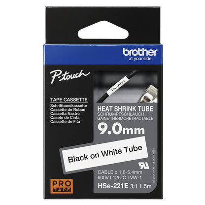 Brother HSE-221E Heat Shrink Tubes black on white 8,8mm x 1,5m for Brother P-Touch Labels
