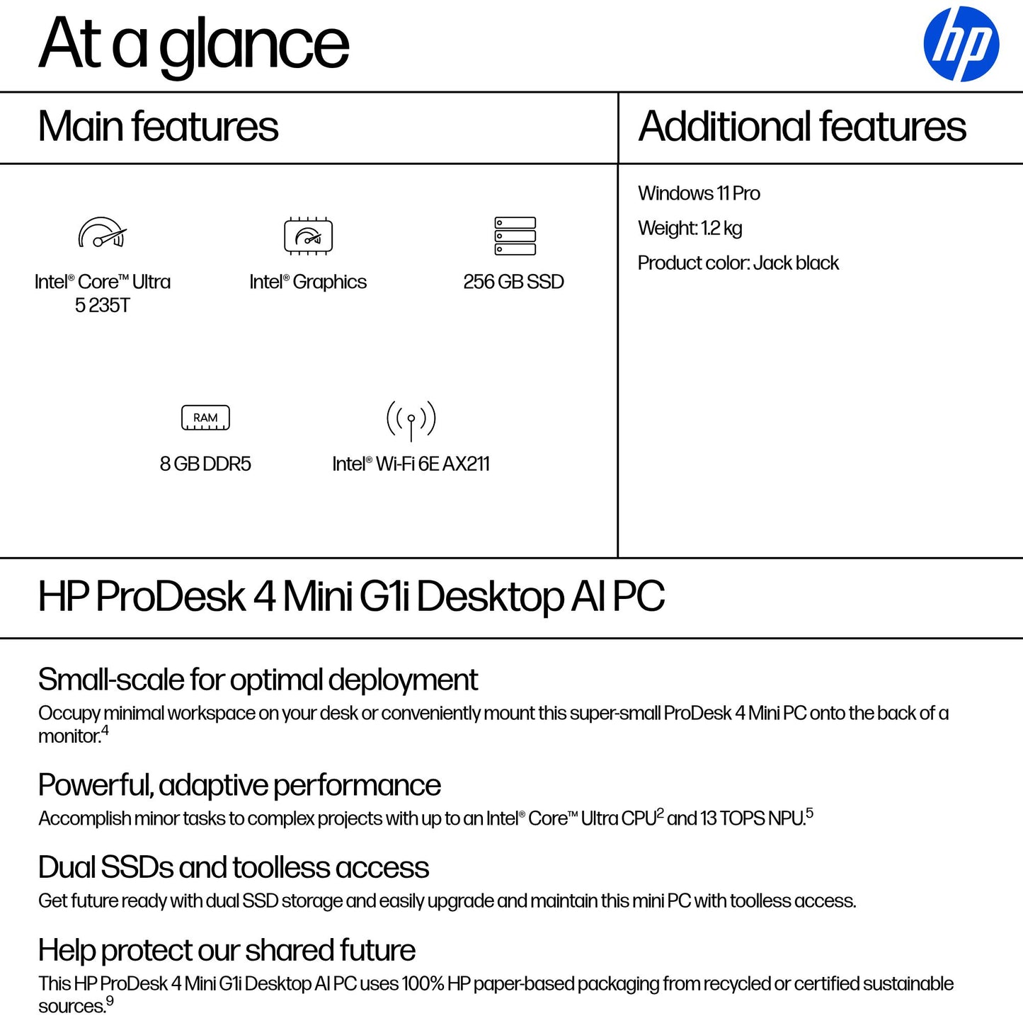 HP ProDesk 4 G1i AI Core Ultra 5 235T 8GB 256GB SSD Mini PC