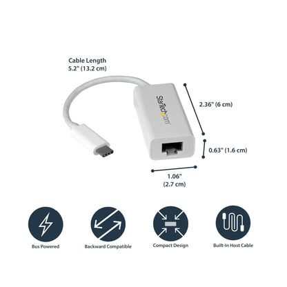 StarTech.com USB-C to Gigabit Ethernet Adapter, White, Thunderbolt 3 Compatible