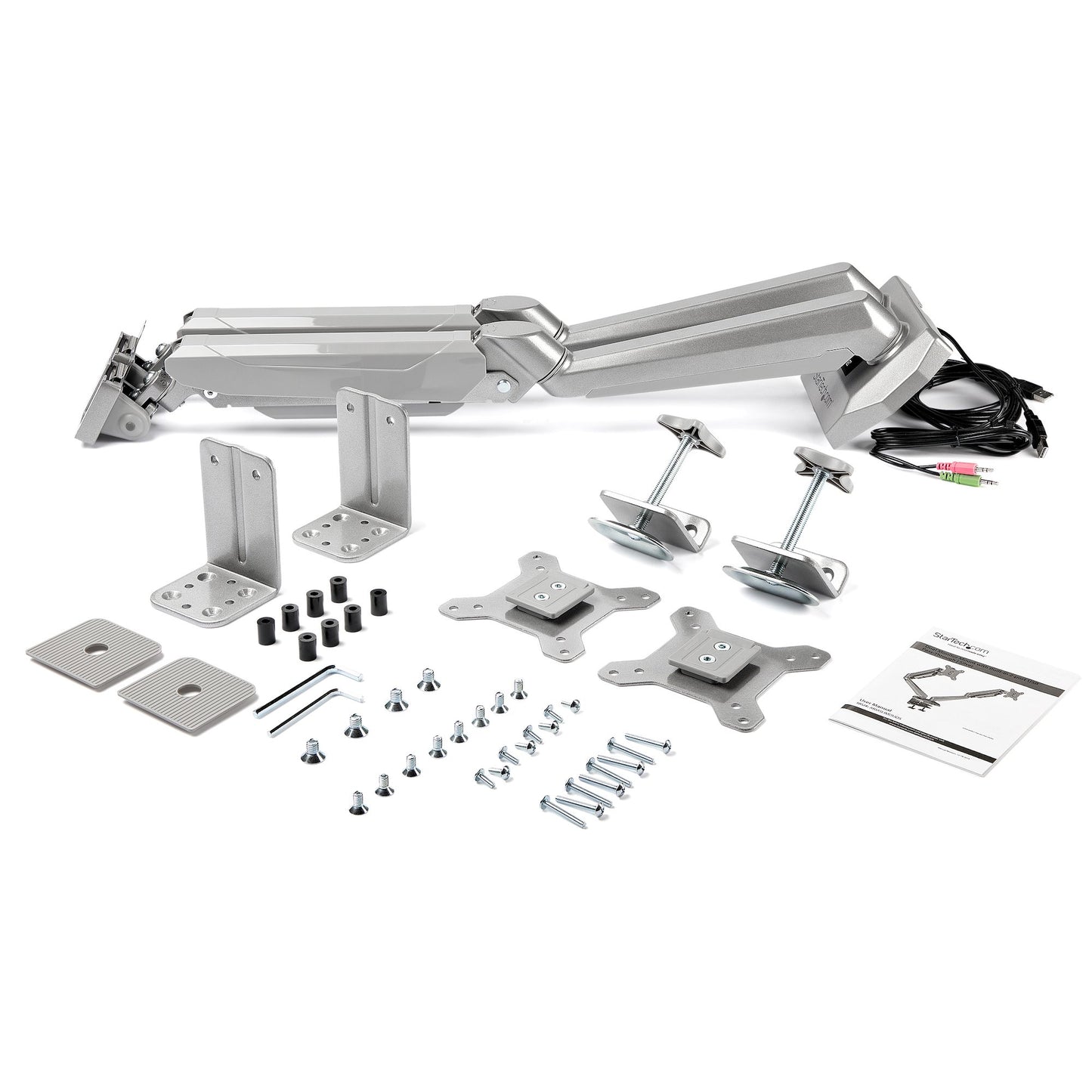 StarTech.com Desk Mount Dual Monitor Arm with USB & Audio, Desk Clamp VESA Mount for (Silver)